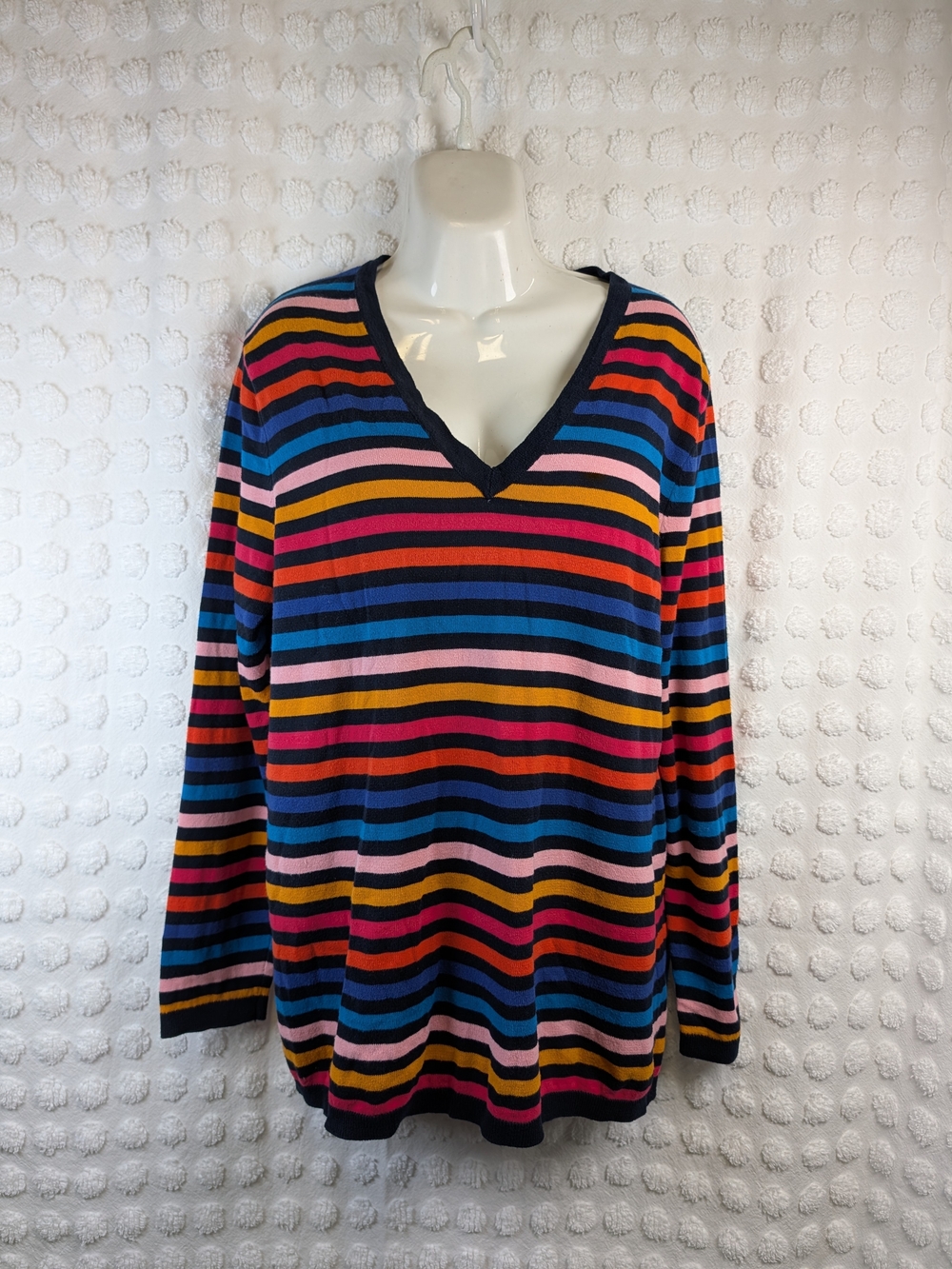 Tommy Hilfiger Rainbow Striped V-Neck Knit Sweater Colorful 100% Cotton XL